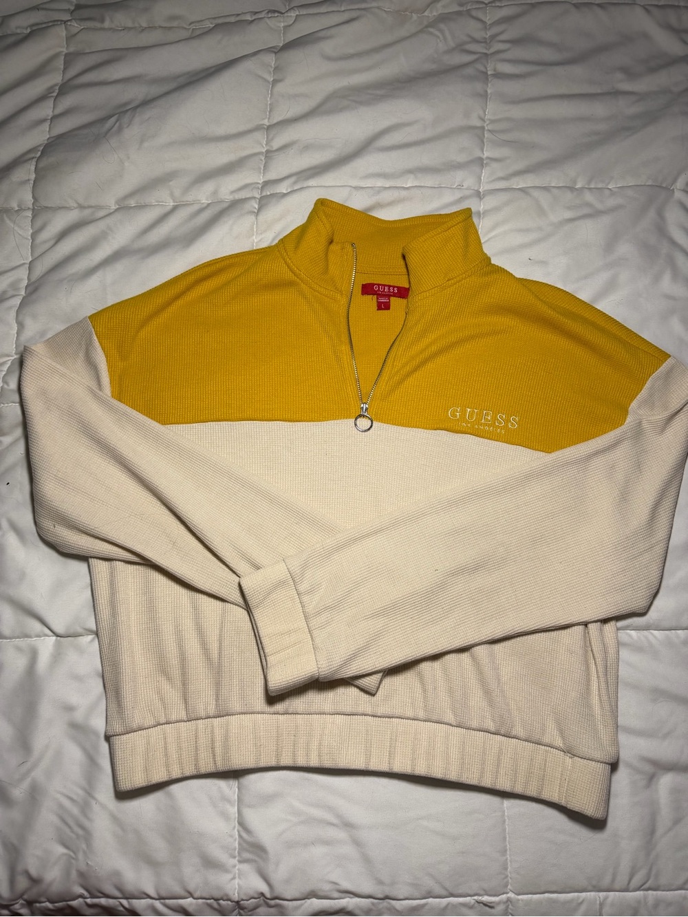 GUESS Yellow and Cream Half-Zip Colorblock Cropped Pullover